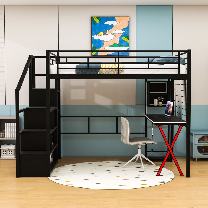 Lit mezzanine avec bureau à DEL intégré, garde-robe et escalier de rangement