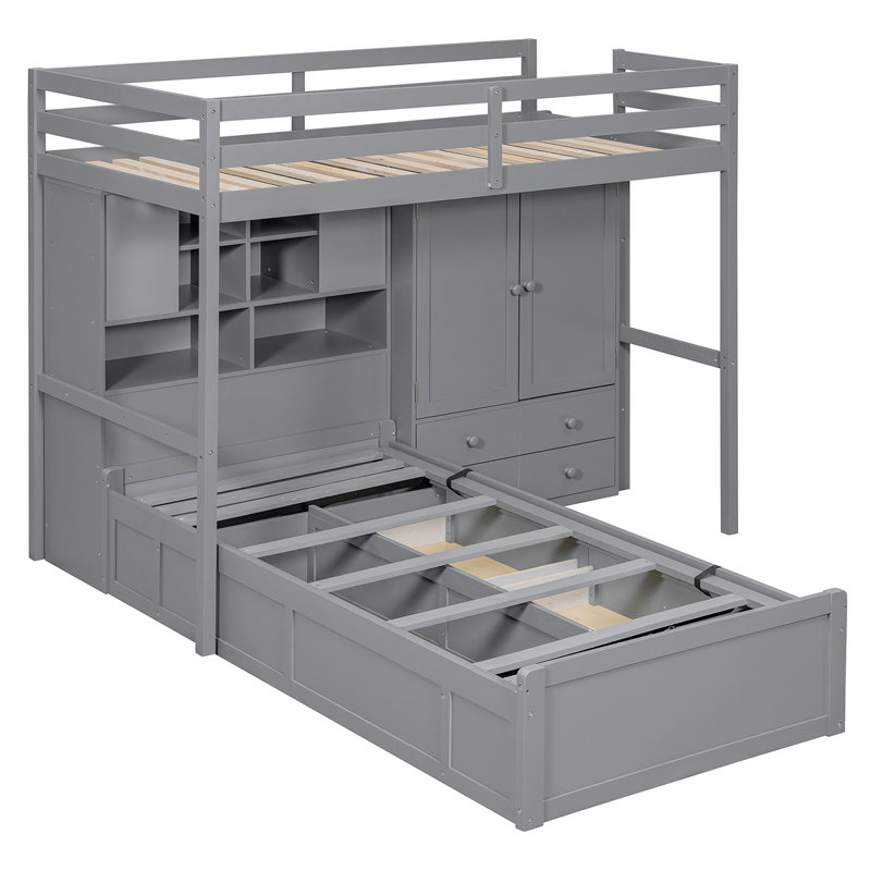 Lit superposé avec tiroirs, garde-robe, tablettes de rangement et lit hydraulique, Gris