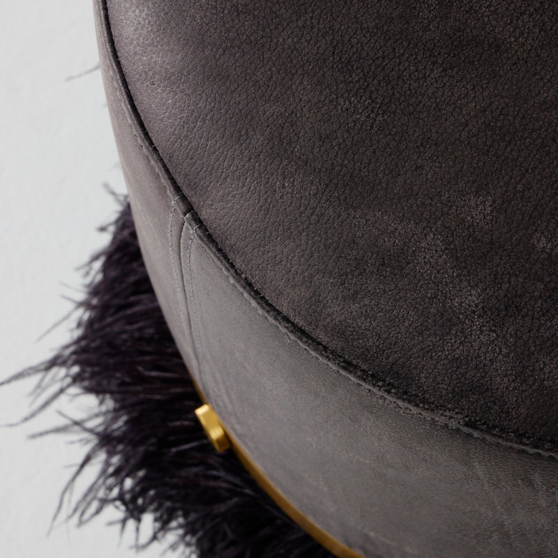 Leather Ostrich Fluff Pouf, Charcoal/Black