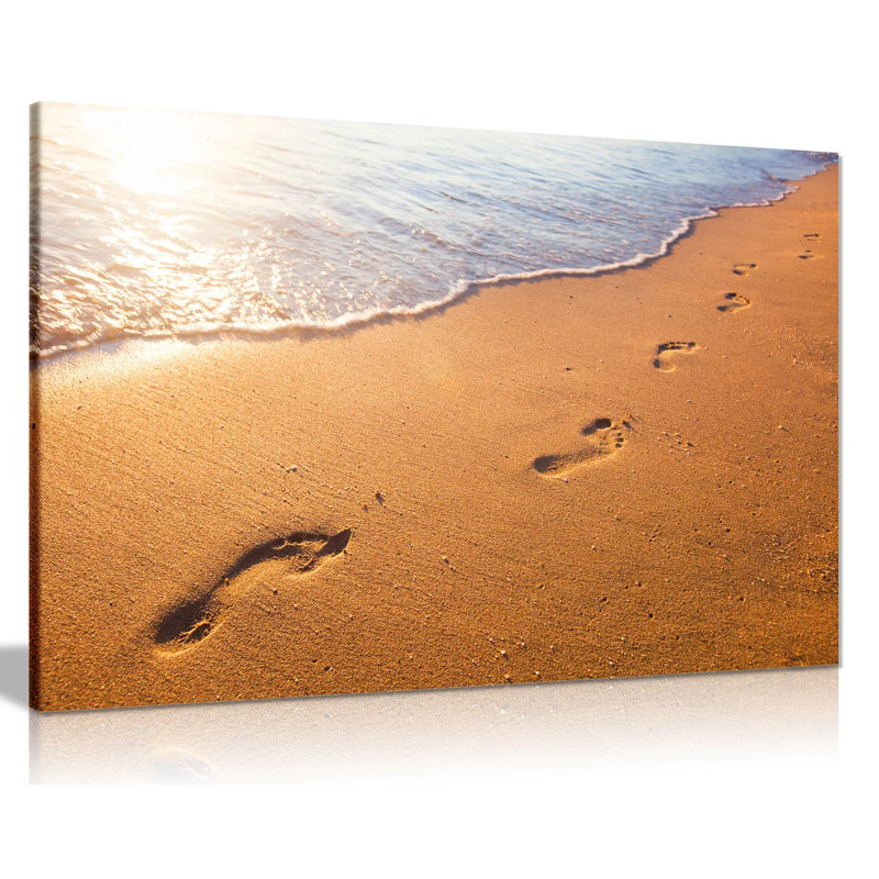 Relaxing Beach Wave And Footprints At Sunset - Wrapped Canvas Print, 20cm H x 31cm W