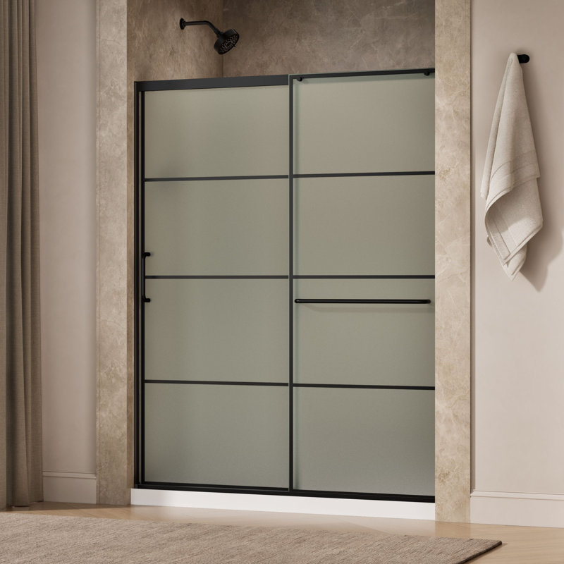 Elate Tall Sliding Shower Door, 75-1/2-In H X 62-1/4 - 65-5/8-In W, With Heavy 5/16-In Thick Frosted Glass With Rectangular Grille Pattern