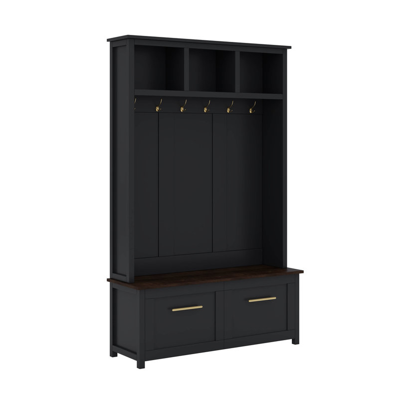 4-In-1 Hall Tree With Bench, Modern Versatile Multiple Storage Space With 6 Golden Hooks, 2 Drawers, Black