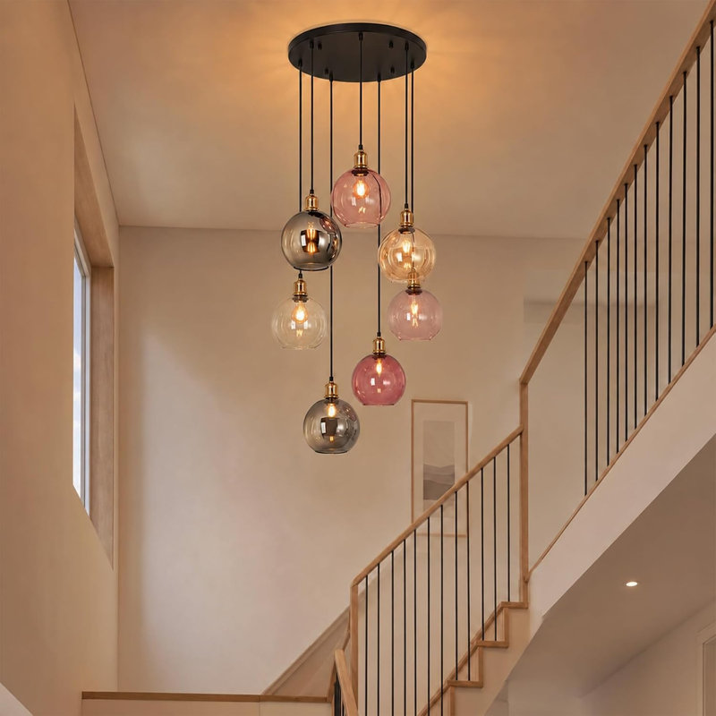 7‑Light E27 Sand Black Multi‑Colour Glass Round Canopy Pendant