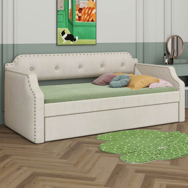 Twin Size Linen Upholstered Daybed With Trundle, Wooden Frame Armrests Bed W/Wood Slat Support, Arched Back & Nailhead Trim