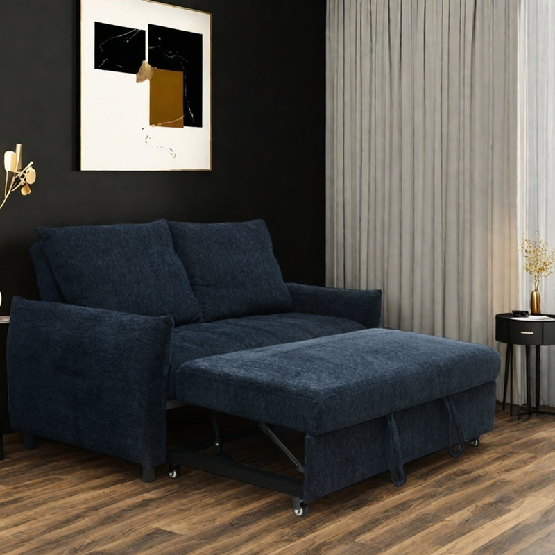 Lit bleu marine confortable avec compartiment de rangement et dossier pratique