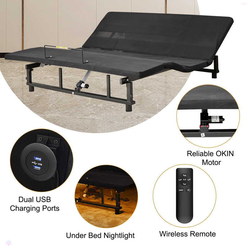 Base de lit réglable Base de lit avec tête et pied incliné, télécommande sans fil 4 ports USB, veilleuses sous le lit, moteur silencieux sans gravité