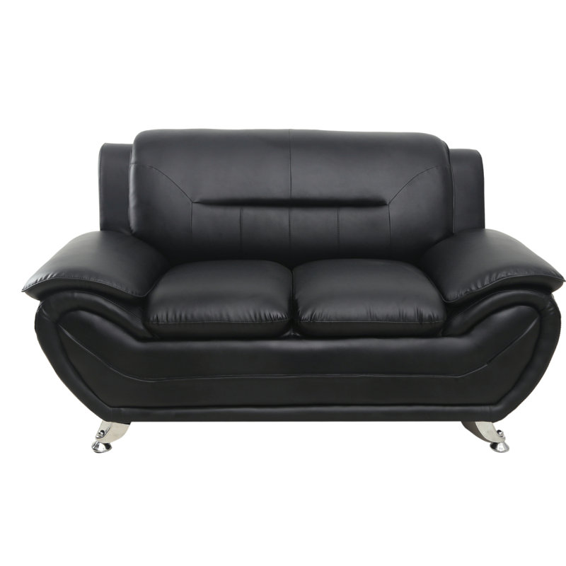 Segura Faux Leather Pillow top Arm Loveseat, Black Faux Leather, 35”H x 61.3”W x 34”D
