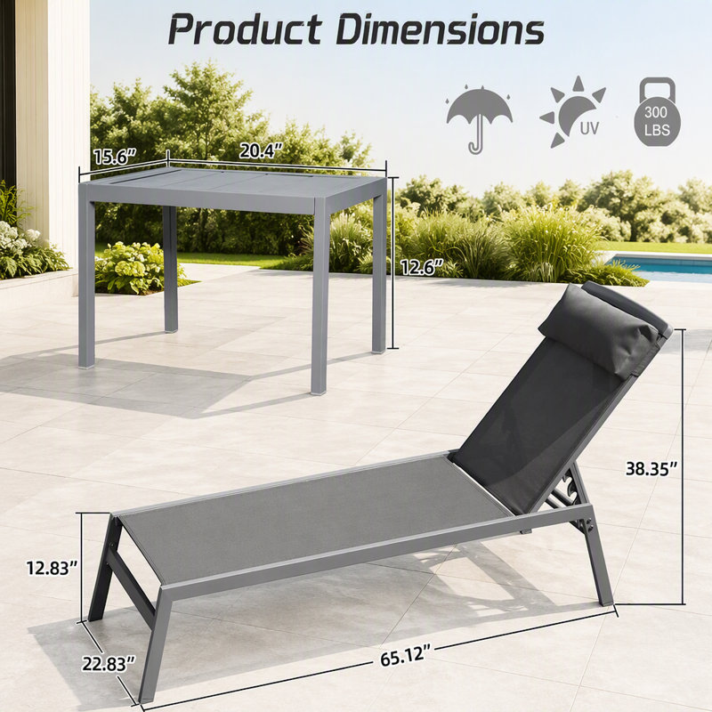Ensemble de chaises longues de patio, fauteuils inclinables de piscine réglables en aluminium 3 pièces avec tissu en textilène et table d'appoint pour la détente en plein air