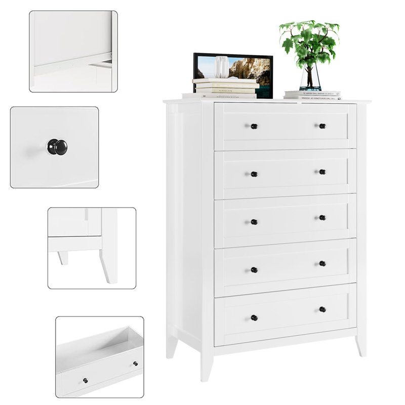 Commode 5 tiroirs pour chambre à coucher, Blanc