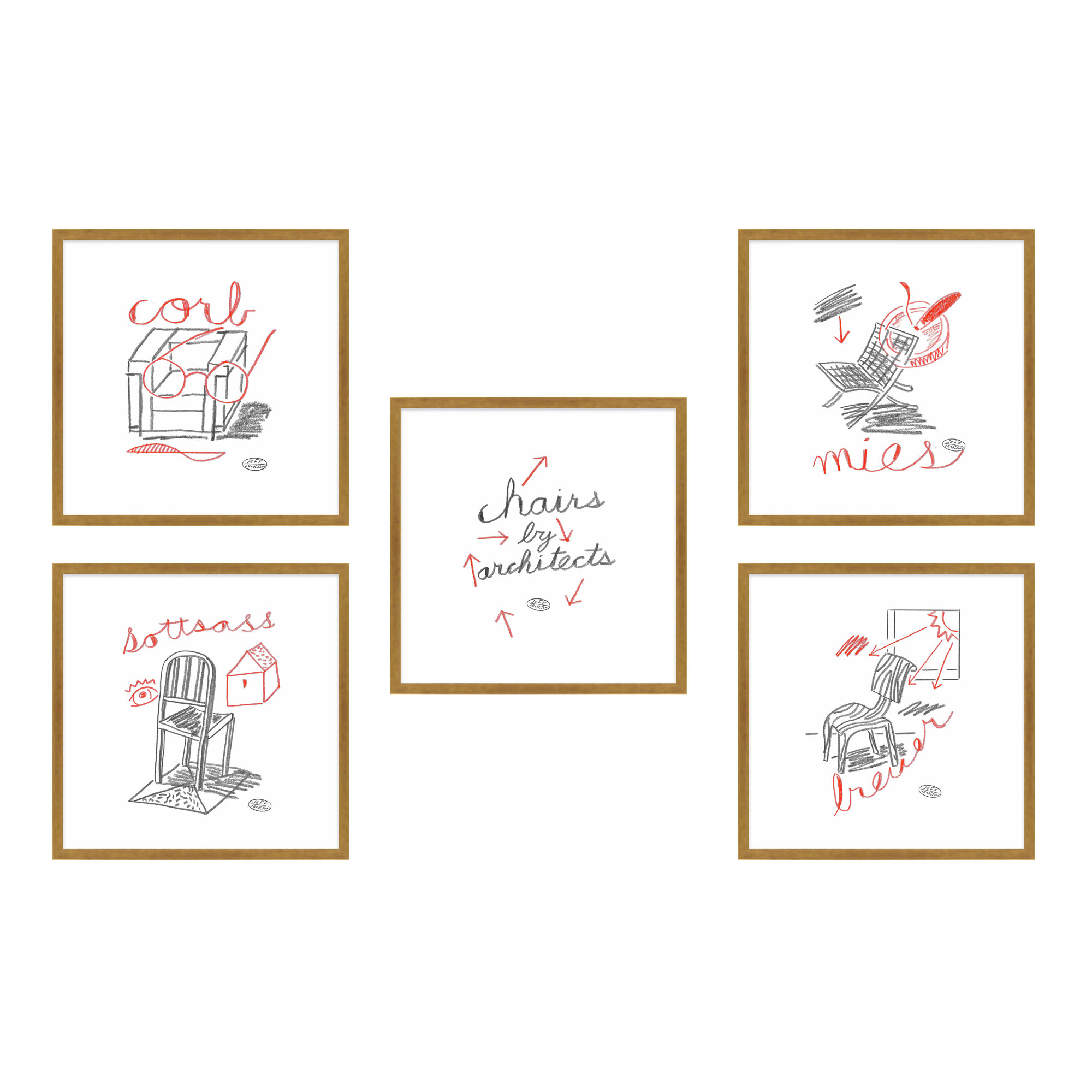 Chairs. Set Of 5 by Jeff Jackson, Gold Single Picture Framed Paper, 30" W x 30" H