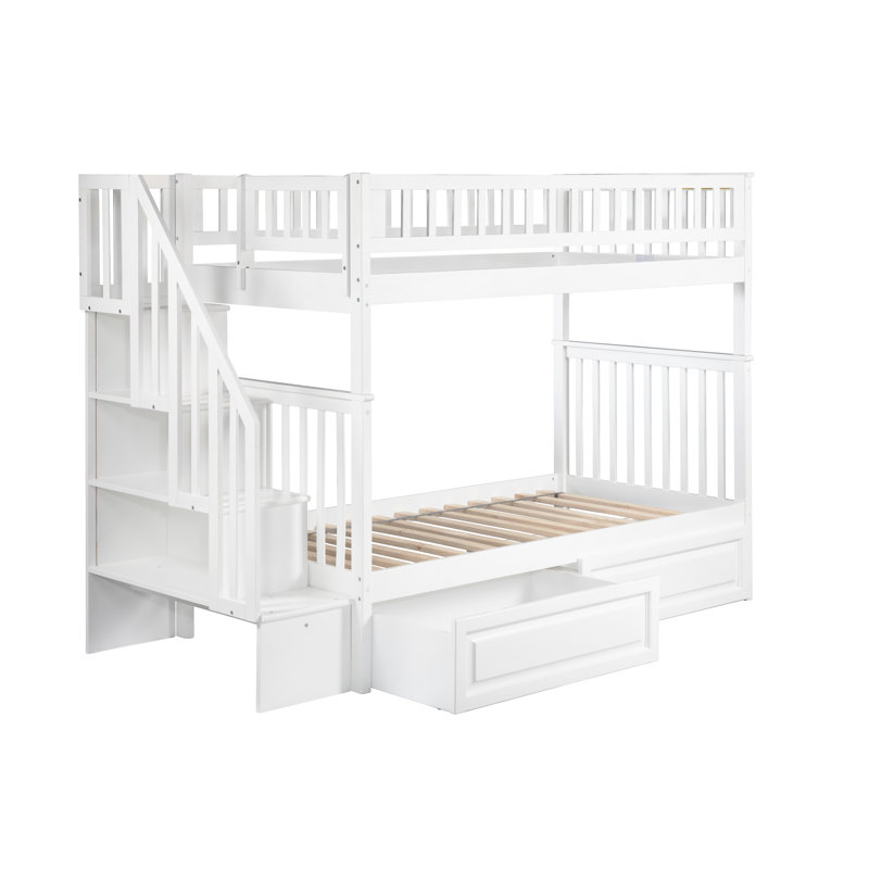 Hartlep Solid Wood Standard Staircase Bunk Bed with Storage Drawers, White, Twin over Twin