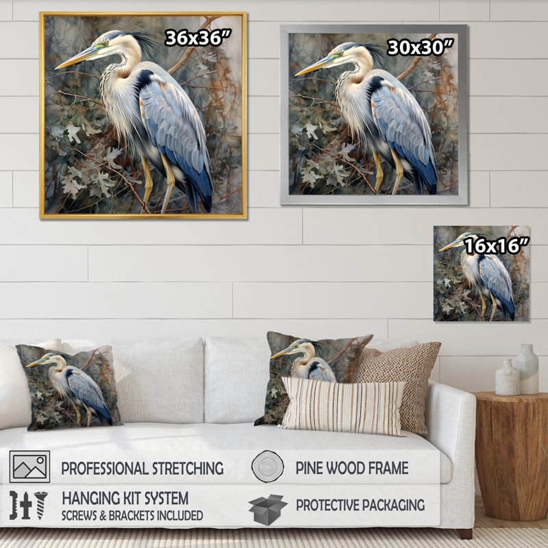 Graceful Heron Waterbird I - Heron, impressions encadrées, Cadre simple noir, H 30 po x l 30 po x P 1 po