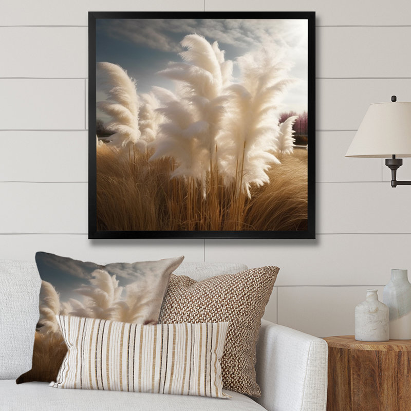 «White Pampas Meadows III», art mural floral, H 24 po x l 24 po x P 1 po, Cadre simple noir