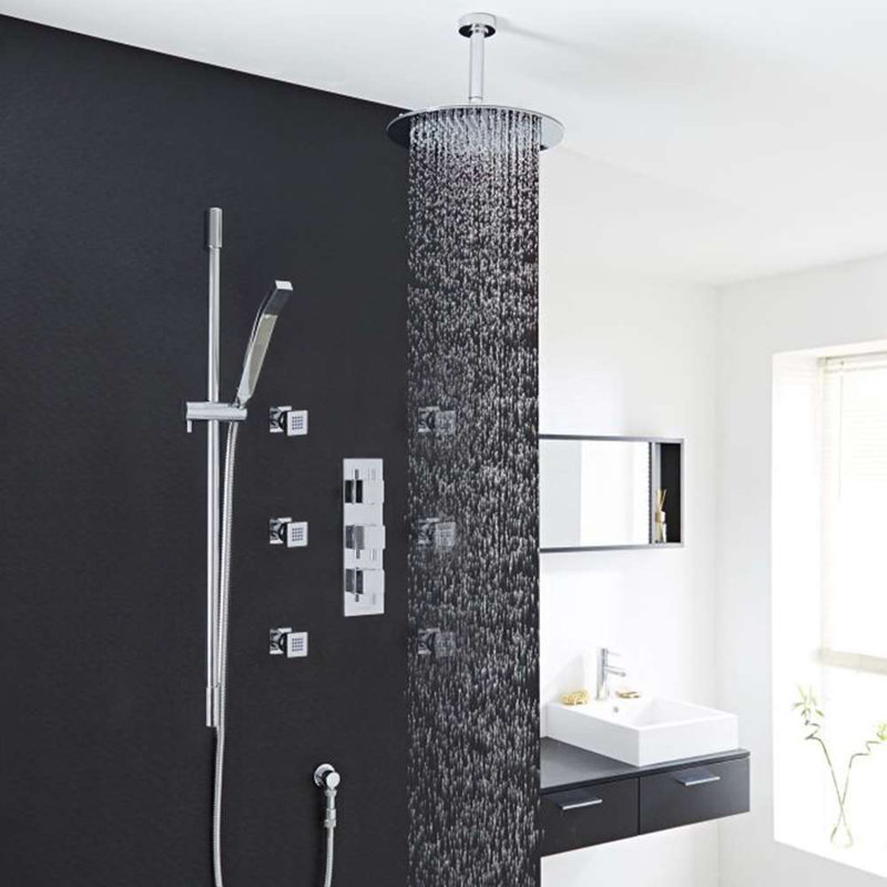 Atlantic Chrome Massage Shower System Large Rainfall Head 6 Body Jets LED Lighting, 2.5" H x 20" W