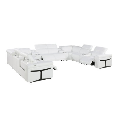White Italian Leather Power Reclining U Shaped Twelve Piece Sectional With Console