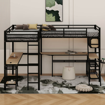 Twin Size Metal L-Shaped Loft Bed – LED Lights, Storage Shelves, 2 Charging Stations & 2 Built-In Desks