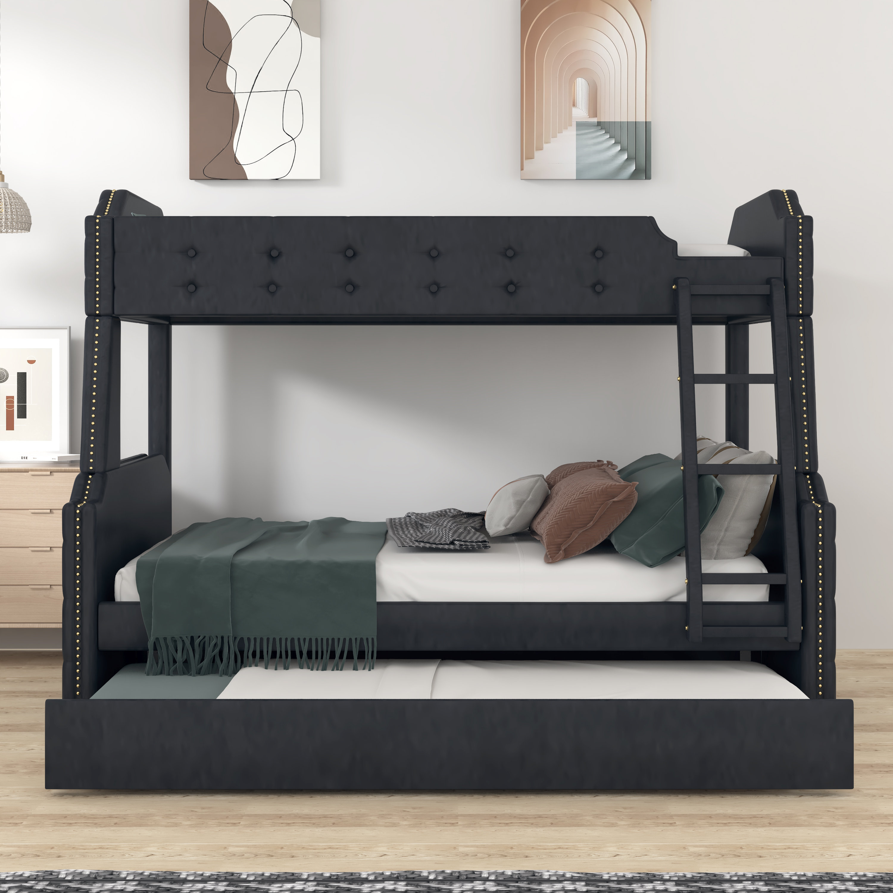 Upholstered bunk beds twin deals over full