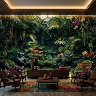 Botanical Garden Greenhouse Wall Mural – Lush Tropical Palm Orchid Jungle Interior Panoramic Wall Mural for Home Decor
