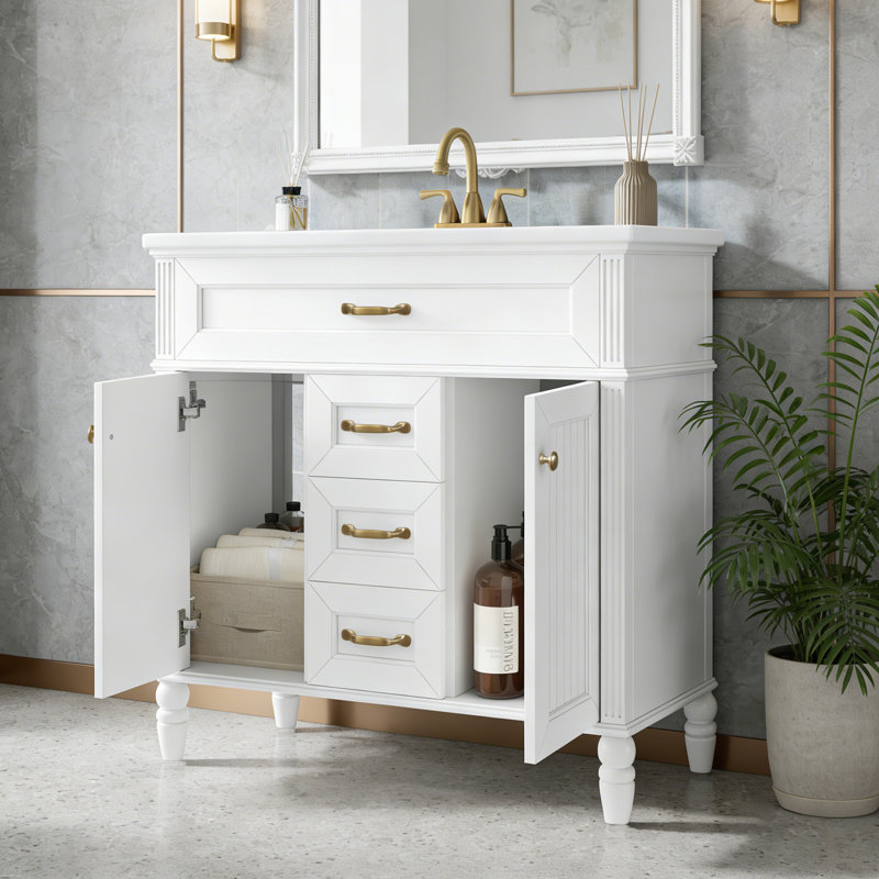 Meuble-lavabo autoportant 36 po avec lavabo 36 po: lavabo en céramique, cadre en bois massif et MDF, tiroir rabattable, 2 tiroirs de rangement