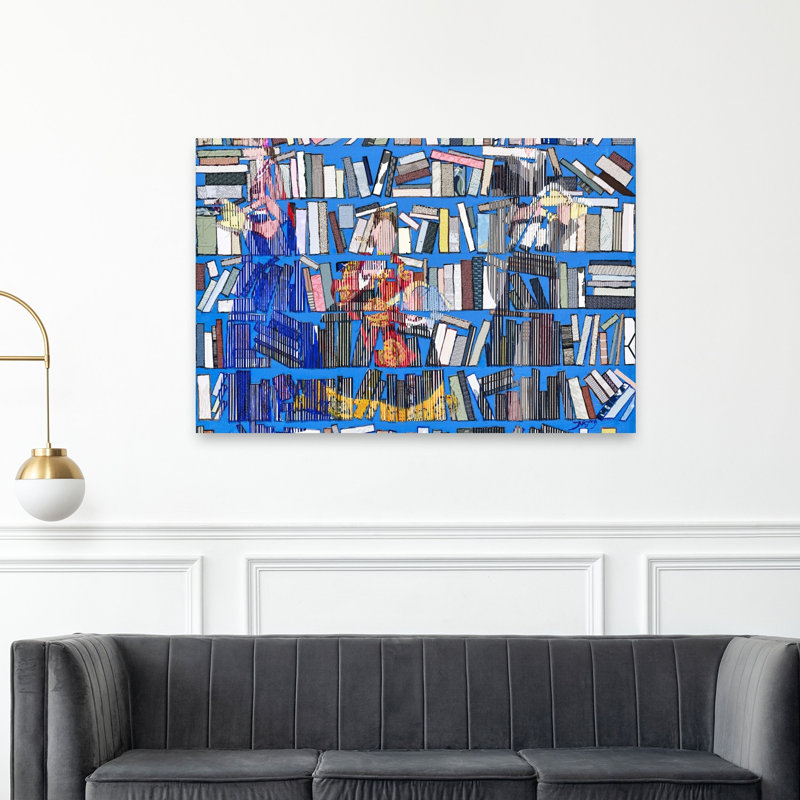 Étagère bleue éclectique, affiche murale abstraite et colorée à motif géométrique architectural, 40" H x 60" W