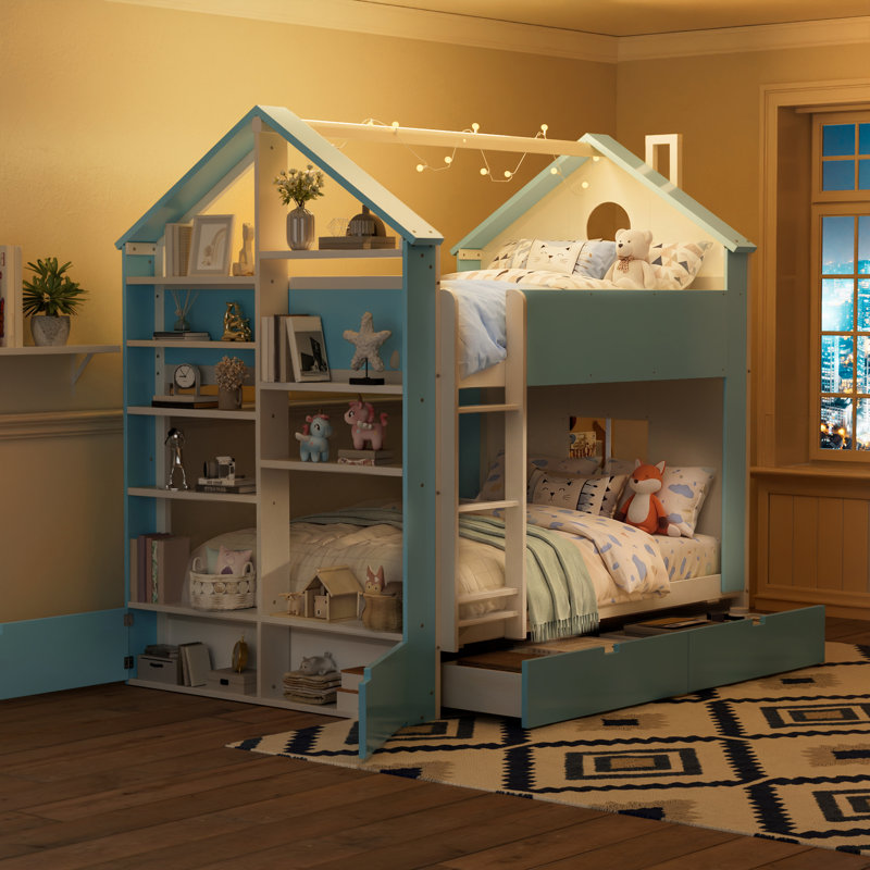 Lit superposé double avec tiroirs et tablettes de rangement, lit superposé en bois avec bande lumineuse, blanc et bleu