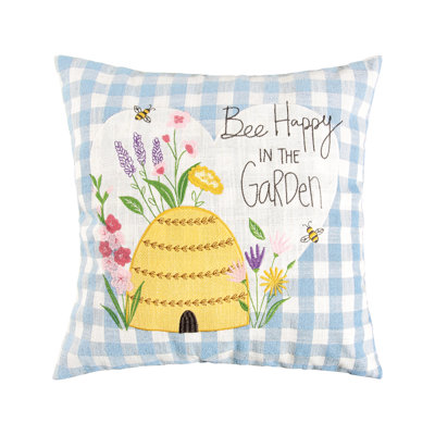 Bee Happy In Blue Embroidered Throw Pillow
