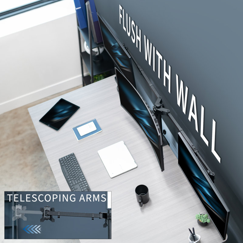 Black Adjustable Triple Monitor Desk Mount with Telescoping Arms