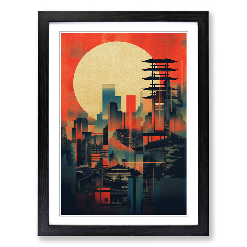Japanese Sunset Constructivism - Framed Print, 64cm H x 46cm W x 2cm D, Black