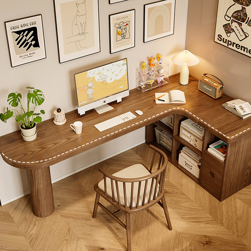 Light-walnut L-Shaped Solid Wood desks, 29.53" H x 78.74" W x 55.12" D, Right Hand Return