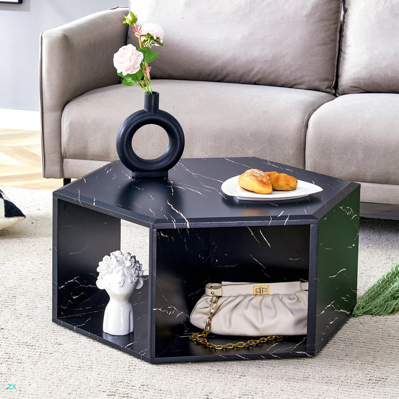 Table basse hexagonale, H 14 po x L 31,5 po x l 27 po, Noir, noir, noir, noir