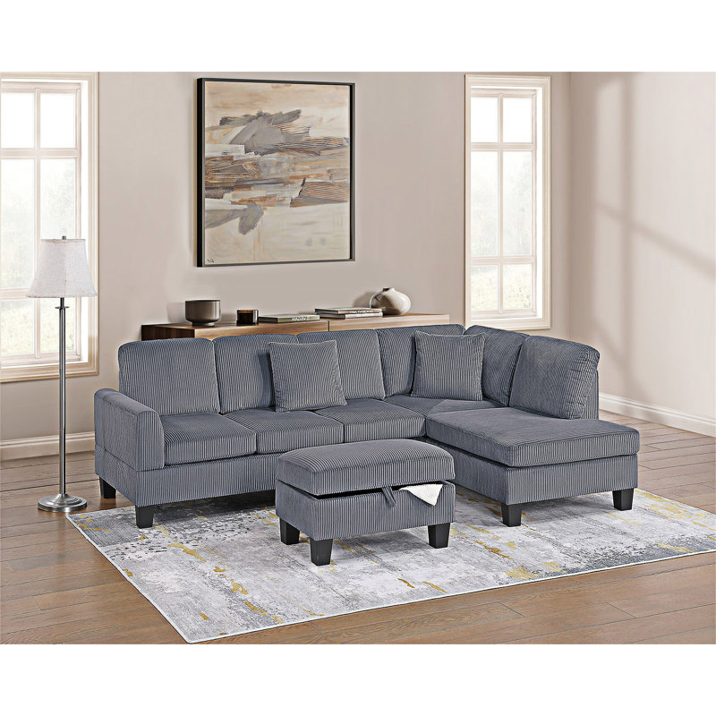 Sectional Set With Storage Ottoman, Dark Gray