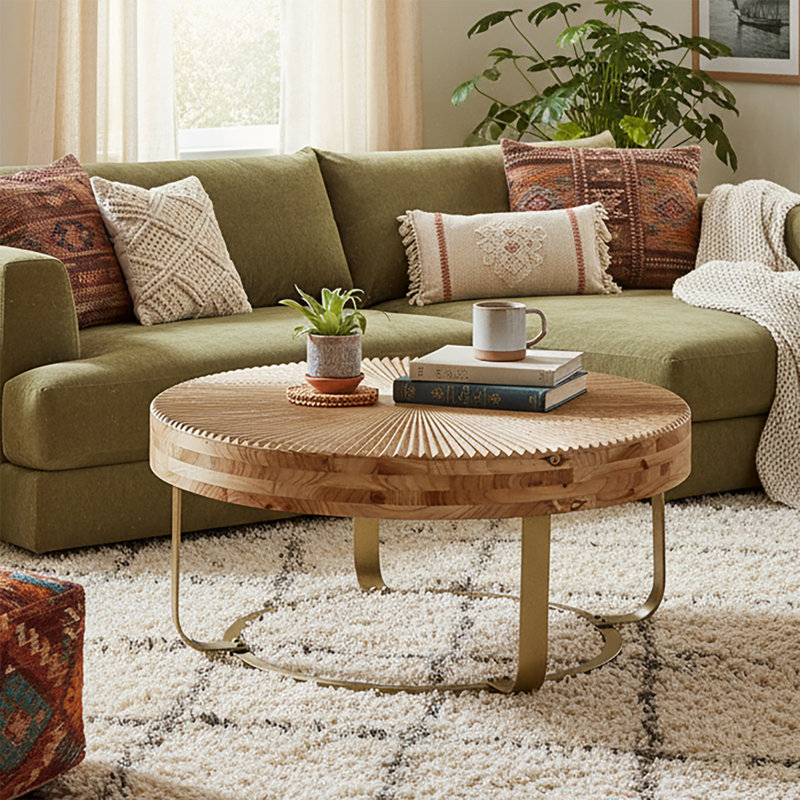 Table basse moderne en bois avec motif Sunburst et base en métal, Doré