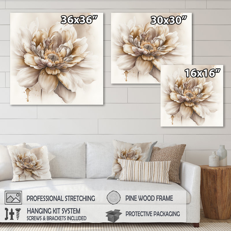 Blooming Beige Floral Design V - Art mural sur toile florale, H 16 po x l 16 po x P 1 po, Toile tendue