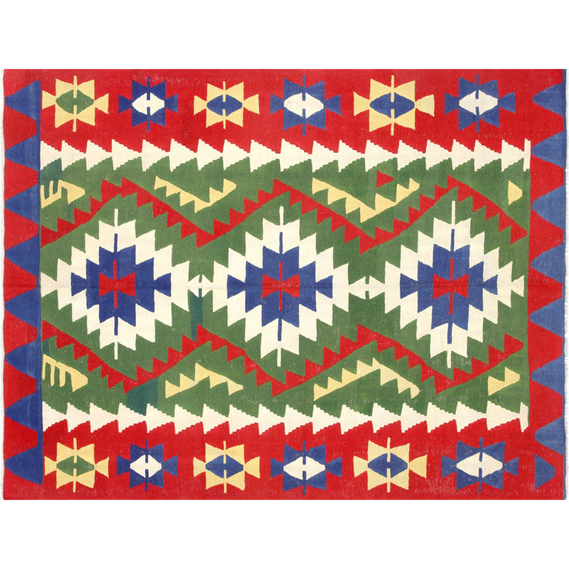 Tapis unique en laine noué à la main de style années 1960 de 6 pi 1 po x 7 pi 10 po vert / rouge / bleu