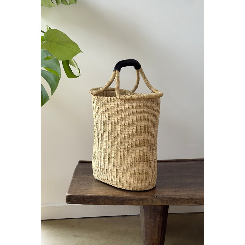 Handwoven Double Weave Pot Basket with Leather Handle