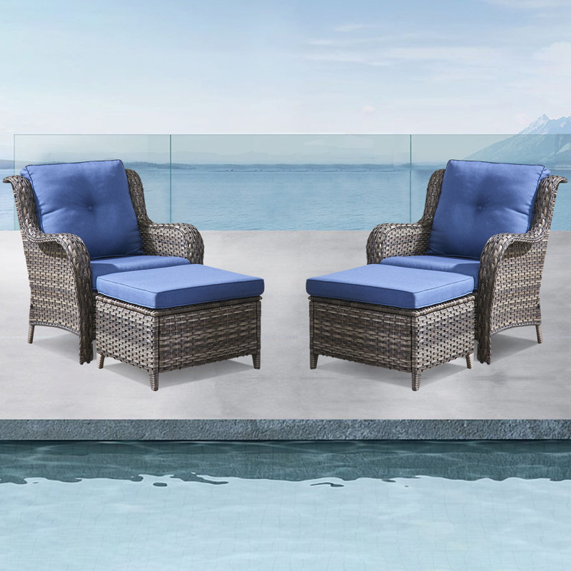 Bonia Outdoor Lounge Chair with Ottoman, Gray Frame/Blue Cushion