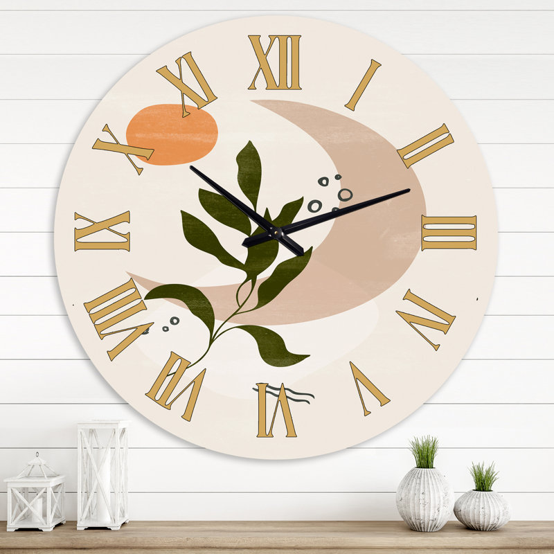 Lune géométrique abstraite avec feuille I - horloge murale moderne, Grand
