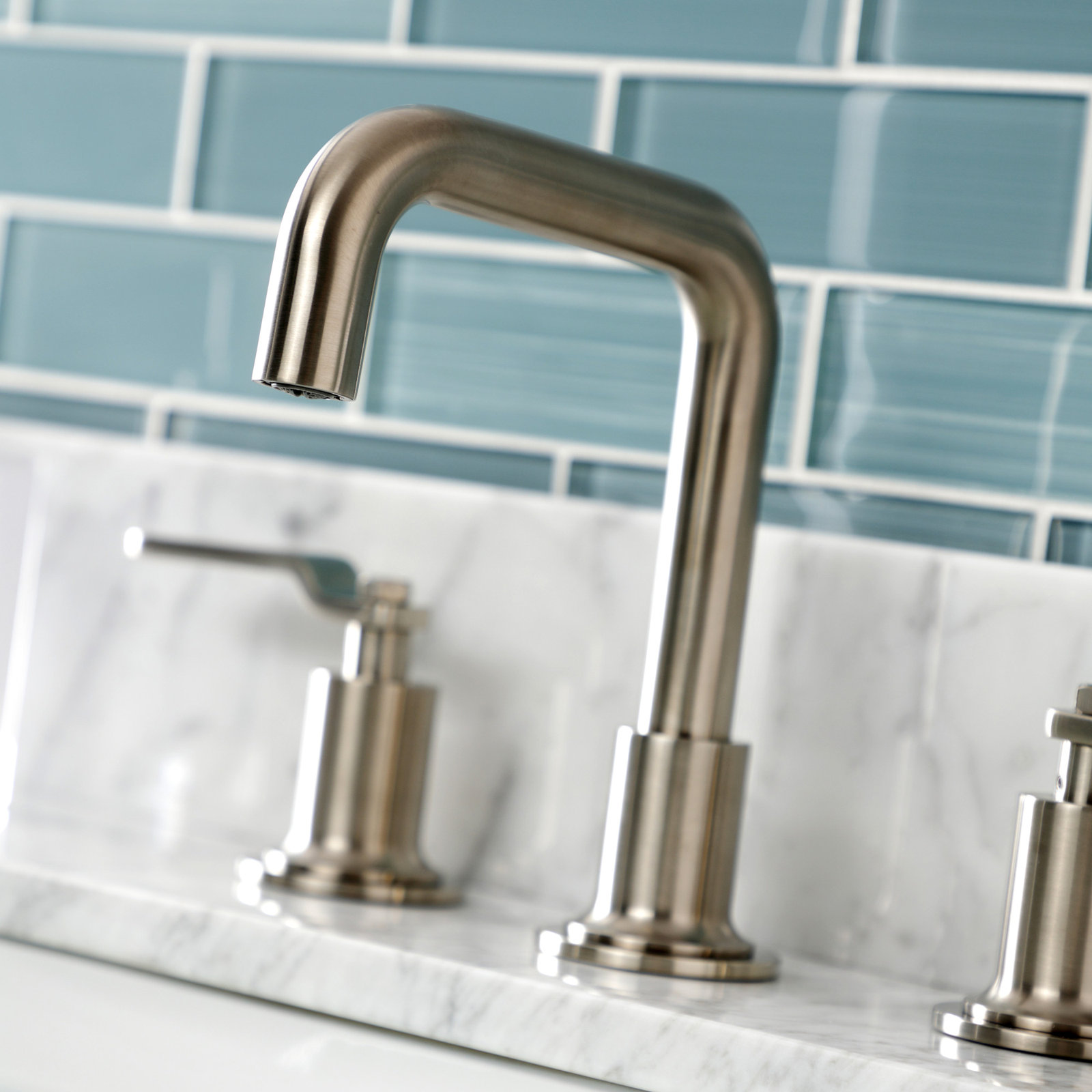 Kingston Brass Whitaker Two-Handle 3-Hole Deck Mount Widespread Bathroom Faucet with Push Pop-Up Drain, Brushed Nickel
