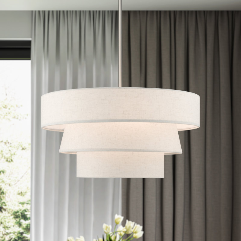 4 - Light Steel Dimmable Drum Chandelier, Beige, Brushed Nickel