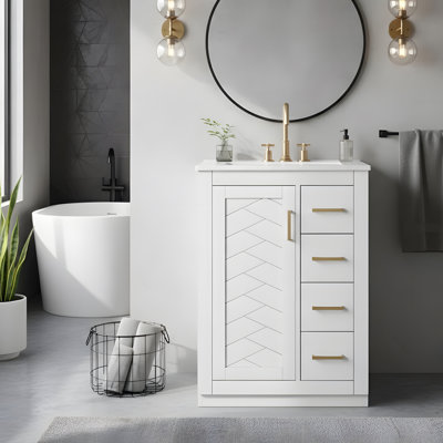 Meuble-lavabo autoportant de 24 po avec lavabo en céramique, 3 tiroirs et 1 porte à fermeture en douceur