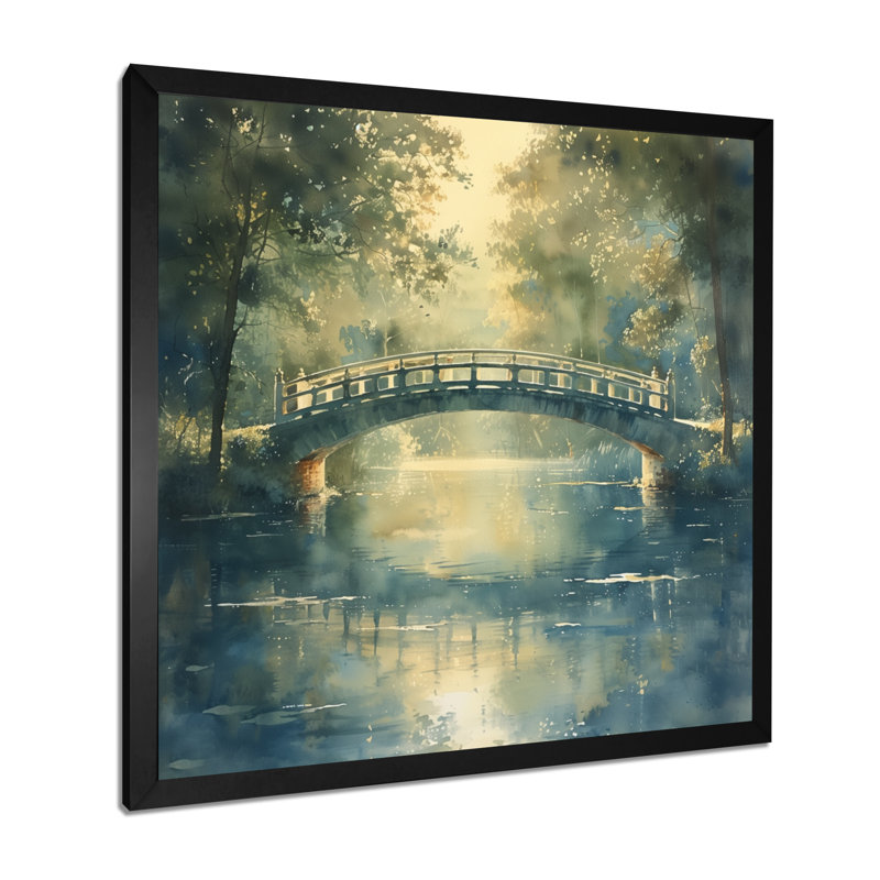«Green Beige River Crossing Park Bridge I», art mural, Toile encadrée noire simple, H 36 po x l 36 po x P 1,5 po