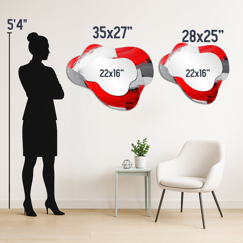 Grand miroir décoratif minimaliste irrégulier - énergie cinétique rouge et grise, impression métallique, 27 po x 35 po
