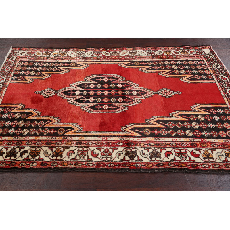 Tapis décoratif en laine de conception unique noué à la main de couleur rouge Hamedan de 4 pi 2 po x 6 pi 7 po Caillan