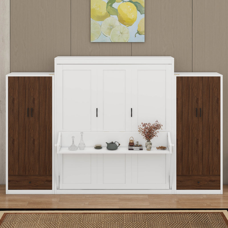 Lit escamotable double pleine grandeur avec placard, tiroirs et table