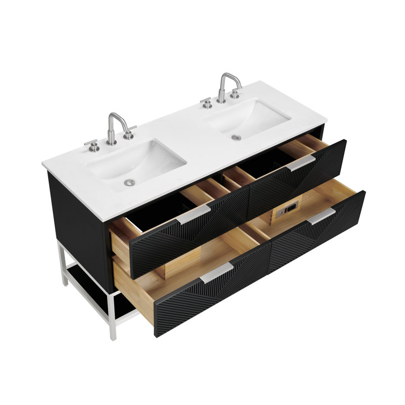 Diamond 60'' W Double Vanity, White Quartz, Brushed Nickel, Charcoal Black