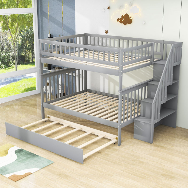 Lit superposé simple au-dessus de double avec lit gigogne pour enfants Iguon, gris