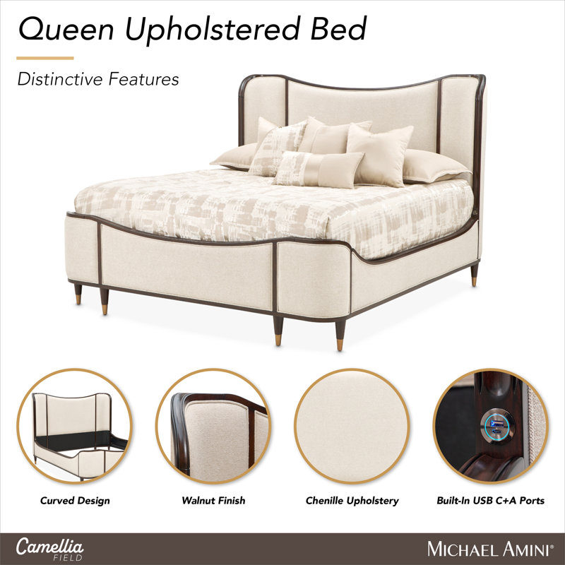 Camellia Field Upholstered Wingback Bed, Queen