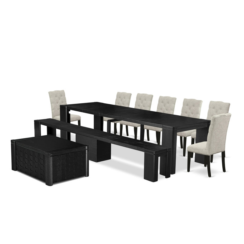 10-Pc Kitchen Table Set a Rectangular Kitchen Table with a coffee Table wooden Bench & 7 Doeskin Linen Fabric Dining Chair, Wire Brushed Black