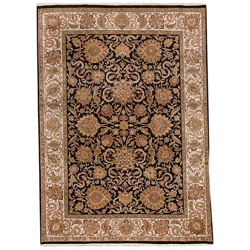 Hand Knotted Wool Area Rug in Black And Ivory