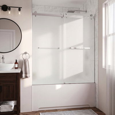 Porte de douche coulissante double sans cadre, 127-140 cm L x 193 cm H, en pellicule incassable, verre dépoli de 10 mm et roulettes silencieuses